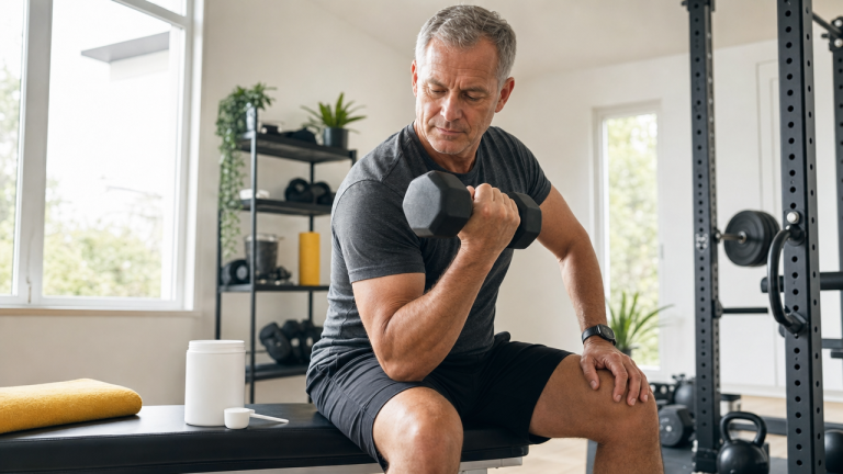 Man over 50 performing a dumbbell exercise beside an unbranded creatine container