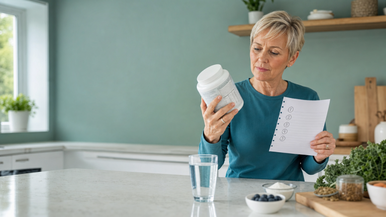 Collagen after 50: 5 Questions to Ask Before You Buy Woman over 50 comparing a collagen supplement label with a five-question checklist