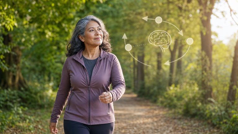 Midlife woman briskly walking in a park with a simple brain and task-switching graphic